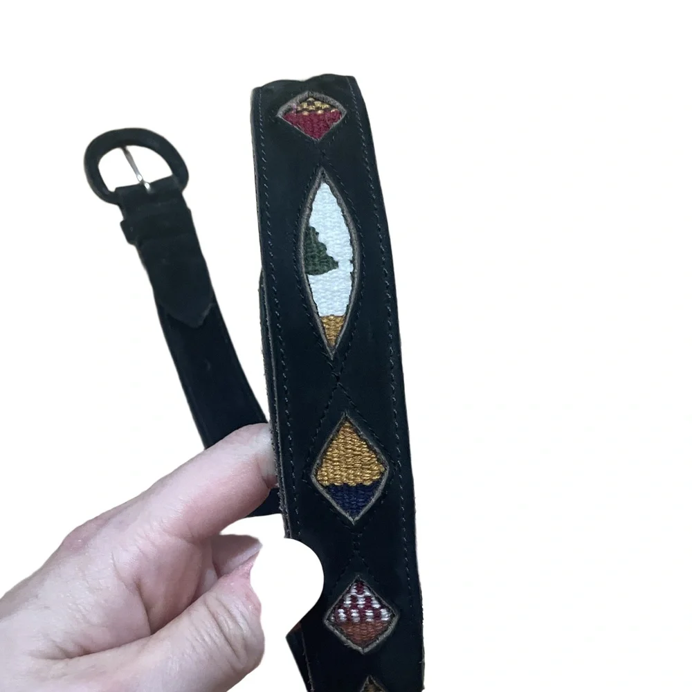 Vintage Black Leather Boho‎ Belt Diamond Cutout Woven Textile Inlay Size 38 42in